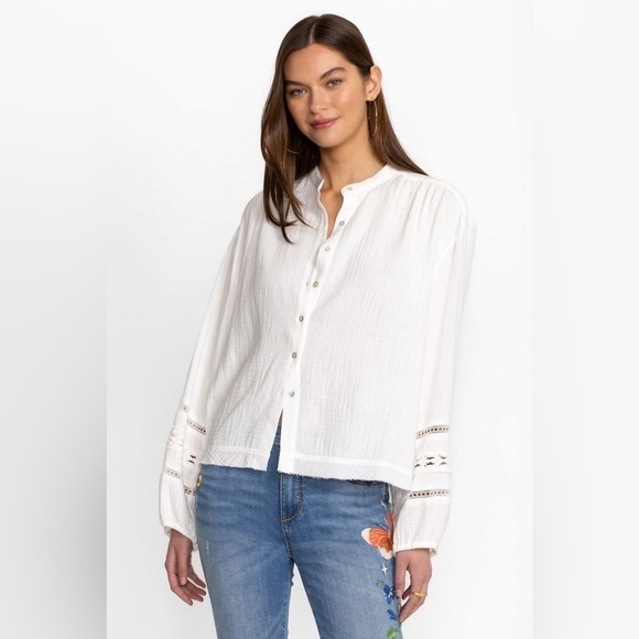 CALME BY JOHNNY WAS 100% Organic Cotton Gauze Peasant Top Natural White NWT - Picture 2 of 12